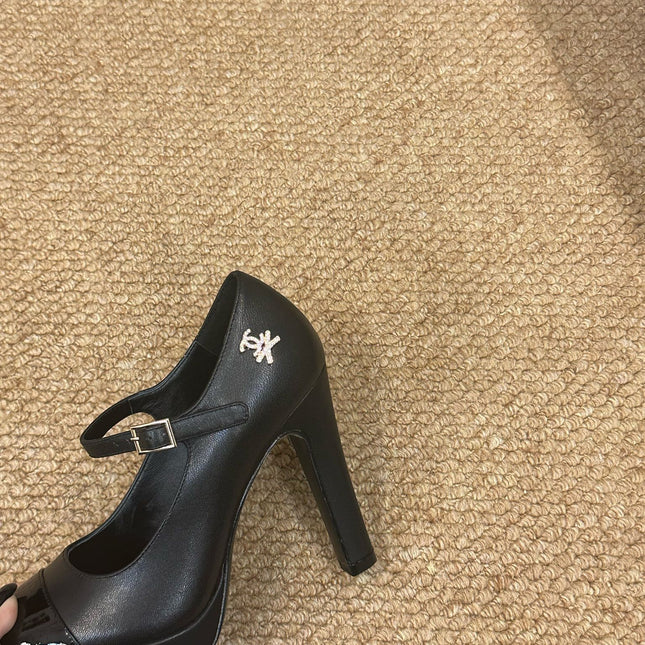 CHANEL 26S MARY JANE HEELS IN BLACK CALFSKIN CAP TOE