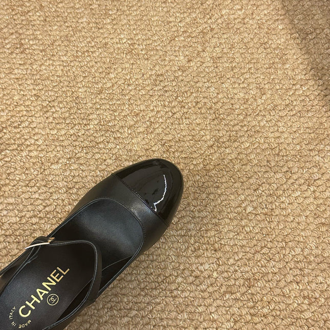CHANEL 26S MARY JANE HEELS IN BLACK CALFSKIN CAP TOE