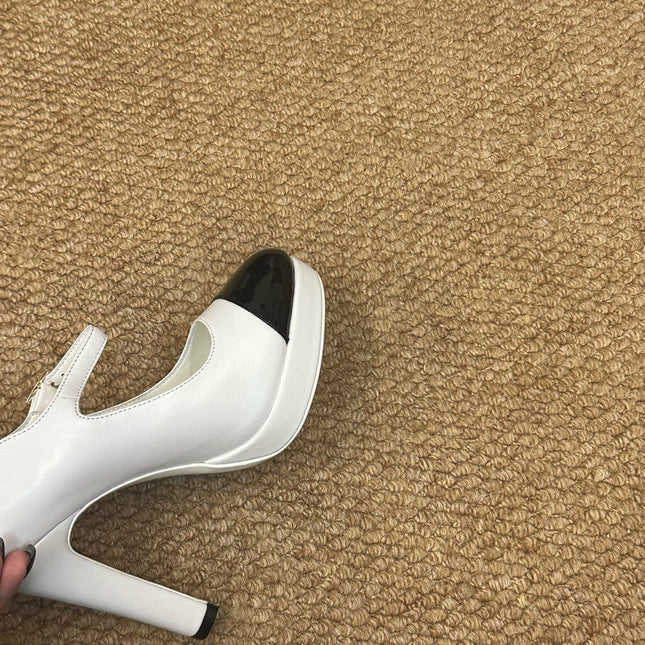 CHANEL 26S MARY JANE HEELS IN WHITE CALFSKIN WITH BLACK CAP TOE