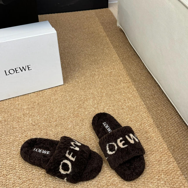 LOEWE 26S FLUFFY SLIDE SANDALS IN DARK BROWN SHEARLING LOGO