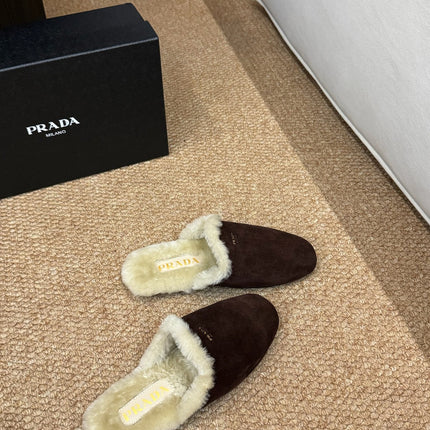 PRADA 26S SHEARLING MULE SLIPPERS IN CHOCOLATE BROWN SUEDE