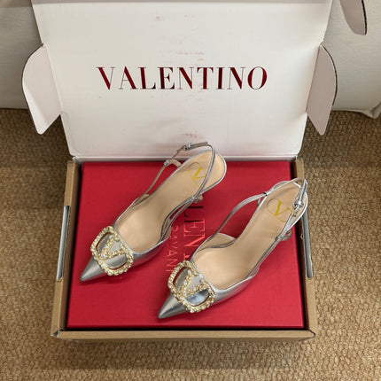 VALENTINO 26S HIGH HEEL SLINGBACKS IN METALLIC SILVER CALFSKIN WITH CRYSTAL