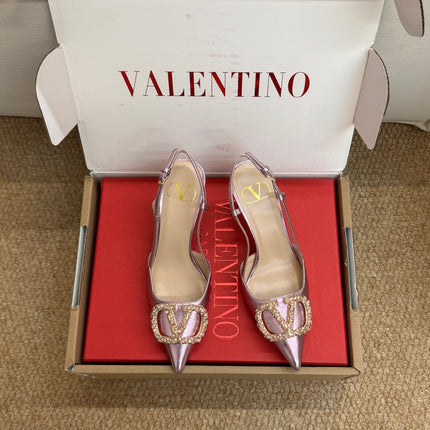 VALENTINO 26S HIGH HEEL SLINGBACKS IN METALLIC PINK CALFSKIN WITH CRYSTAL