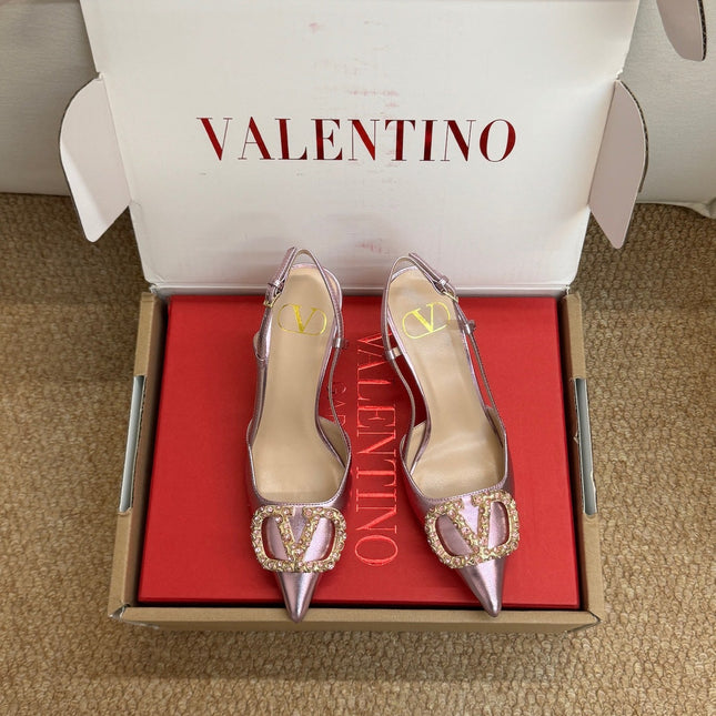 VALENTINO 26S HIGH HEEL SLINGBACKS IN METALLIC PINK CALFSKIN WITH CRYSTAL