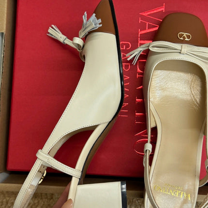 VALENTINO 26S HIGH HEEL SLINGBACKS IN BROWN AND CREAM WHITE CALFSKIN