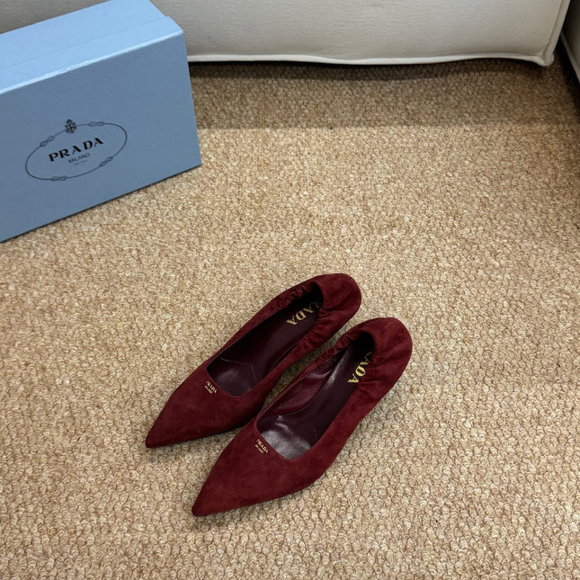 PRADA 26S POINTED TOE PUMPS 50MM IN DARK RED SUEDE