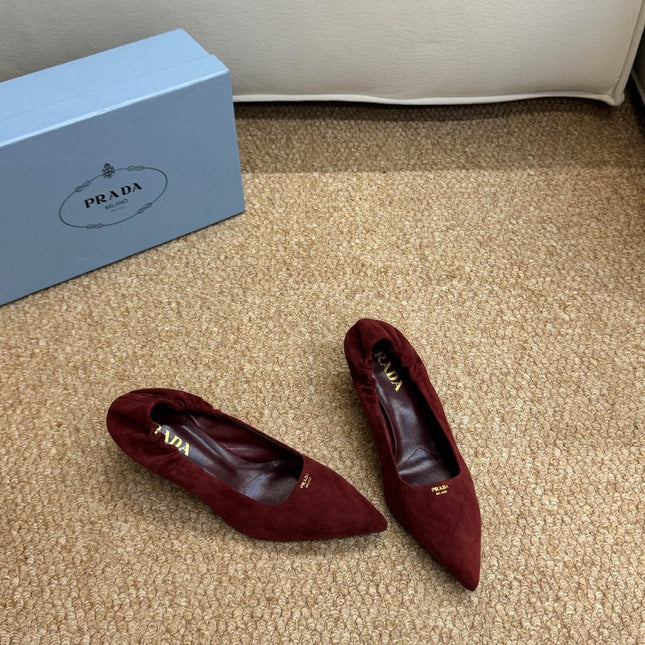 PRADA 26S POINTED TOE PUMPS 50MM IN DARK RED SUEDE