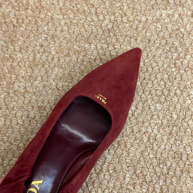 PRADA 26S POINTED TOE PUMPS 50MM IN DARK RED SUEDE