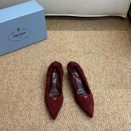PRADA 26S POINTED TOE PUMPS 50MM IN DARK RED SUEDE