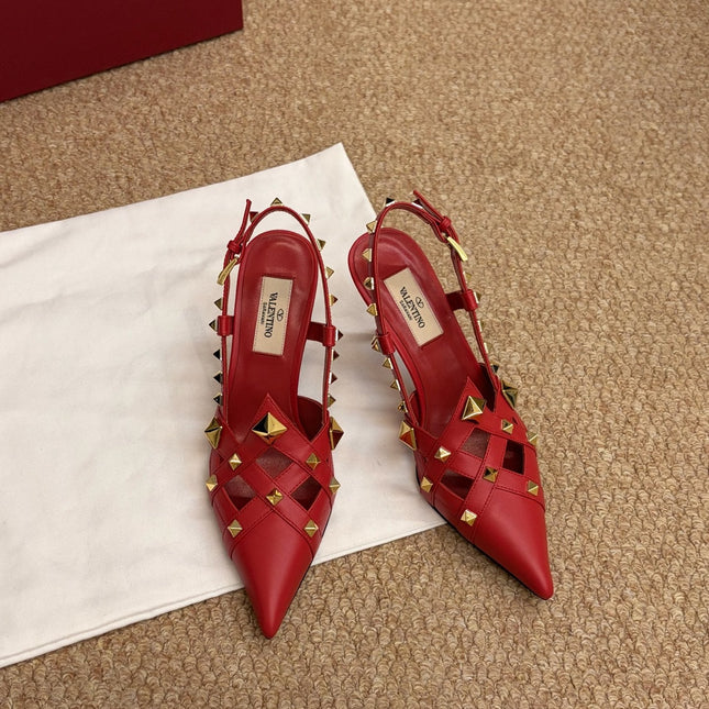 VALENTINO 26S ROCKSTUD SLINGBACK HEELS IN RED CALFSKIN