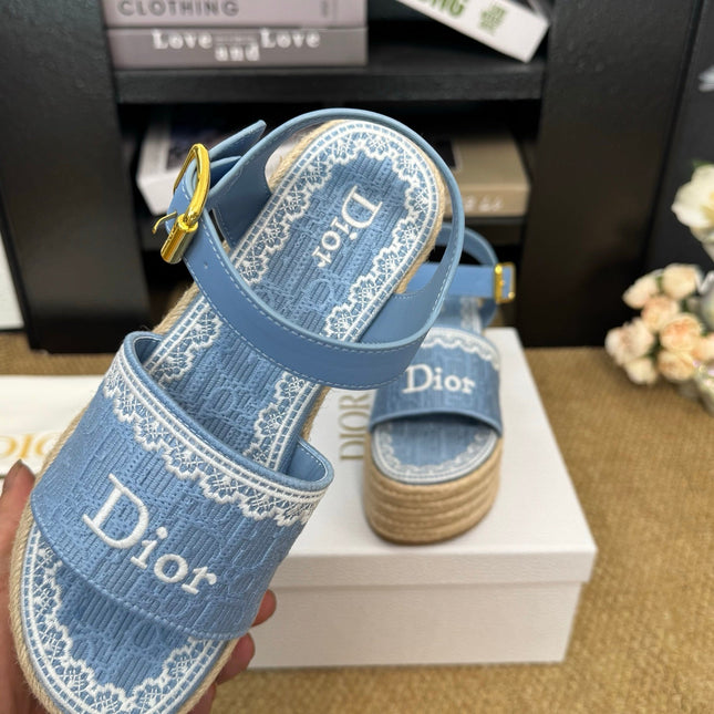 DIOR 26S ESPADRILLE WEDGE SANDAL IN BLUE DIOR OBLIQUE EMBROIDERED CANVAS