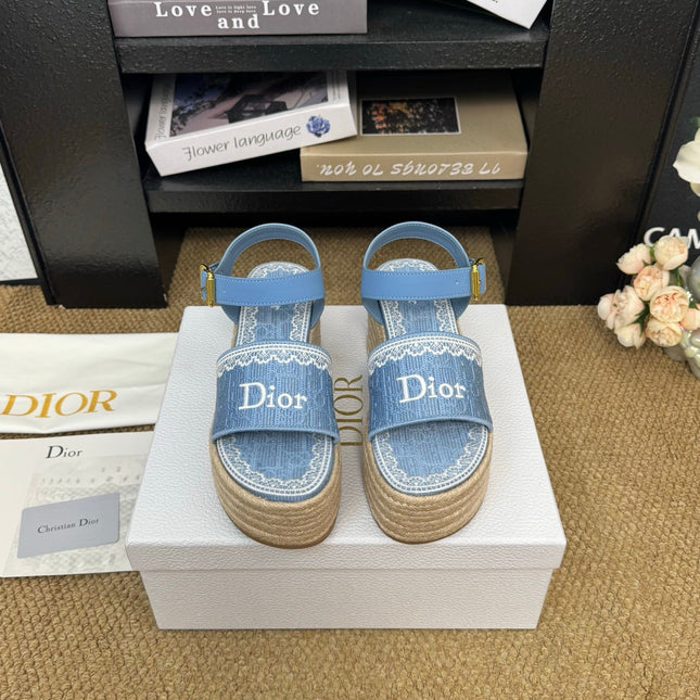 DIOR 26S ESPADRILLE WEDGE SANDAL IN BLUE DIOR OBLIQUE EMBROIDERED CANVAS