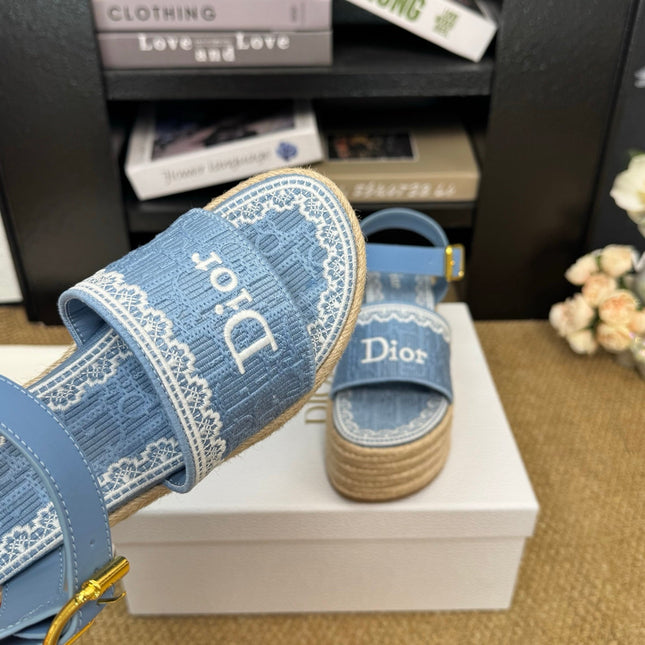 DIOR 26S ESPADRILLE WEDGE SANDAL IN BLUE DIOR OBLIQUE EMBROIDERED CANVAS