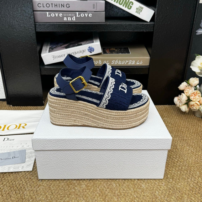 DIOR 26S ESPADRILLE WEDGE SANDAL IN NAVY BLUE DIOR OBLIQUE EMBROIDERED CANVAS