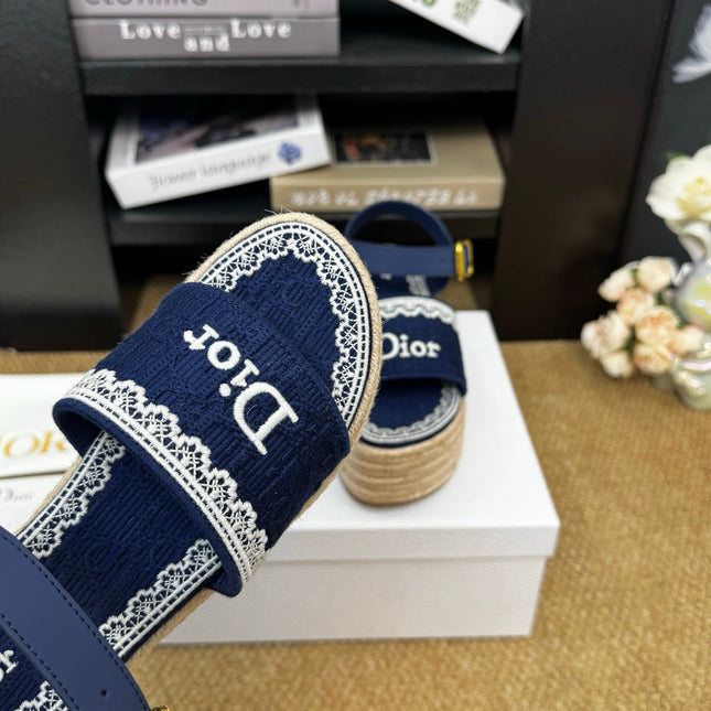DIOR 26S ESPADRILLE WEDGE SANDAL IN NAVY BLUE DIOR OBLIQUE EMBROIDERED CANVAS