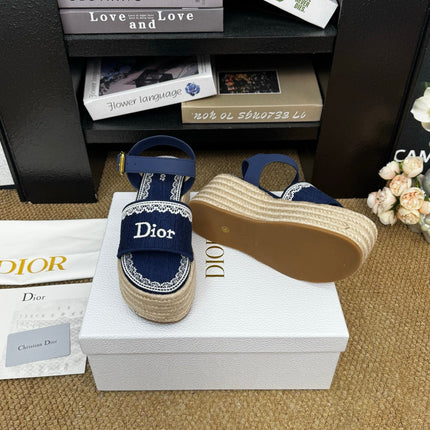 DIOR 26S ESPADRILLE WEDGE SANDAL IN NAVY BLUE DIOR OBLIQUE EMBROIDERED CANVAS