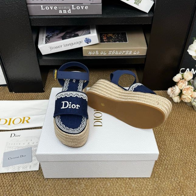 DIOR 26S ESPADRILLE WEDGE SANDAL IN NAVY BLUE DIOR OBLIQUE EMBROIDERED CANVAS