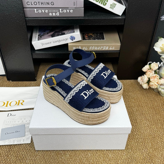DIOR 26S ESPADRILLE WEDGE SANDAL IN NAVY BLUE DIOR OBLIQUE EMBROIDERED CANVAS