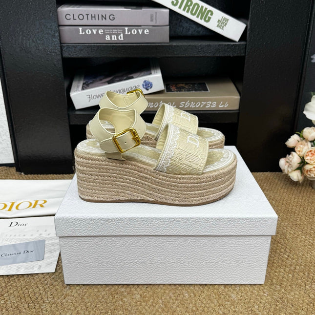 DIOR 26S ESPADRILLE WEDGE SANDAL IN BEIGE DIOR OBLIQUE EMBROIDERED CANVAS