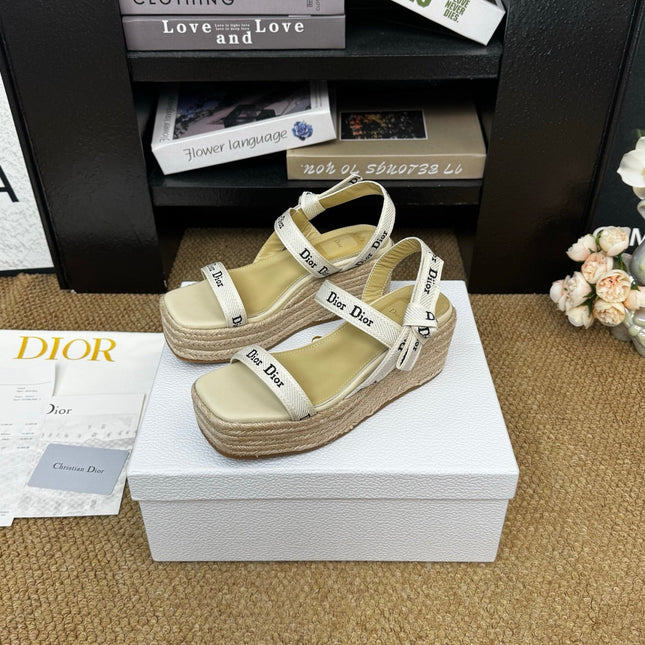 DIOR 26S ESPADRILLE WEDGE SANDAL IN BEIGE CANVAS AND CALFSKIN