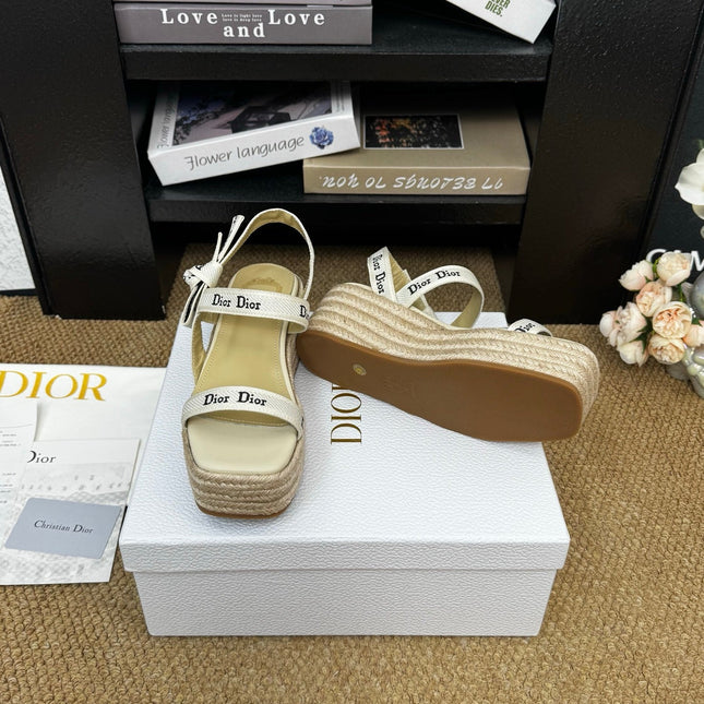 DIOR 26S ESPADRILLE WEDGE SANDAL IN BEIGE CANVAS AND CALFSKIN