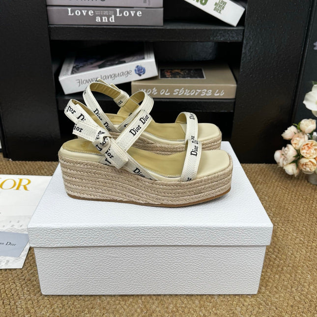 DIOR 26S ESPADRILLE WEDGE SANDAL IN BEIGE CANVAS AND CALFSKIN