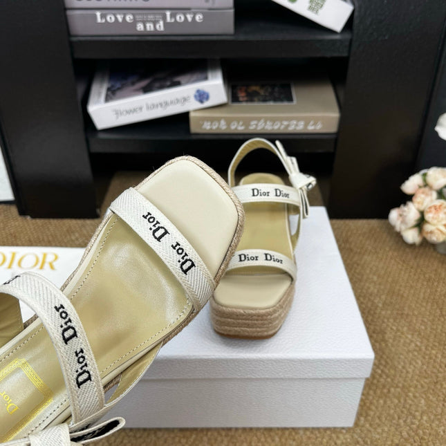 DIOR 26S ESPADRILLE WEDGE SANDAL IN BEIGE CANVAS AND CALFSKIN
