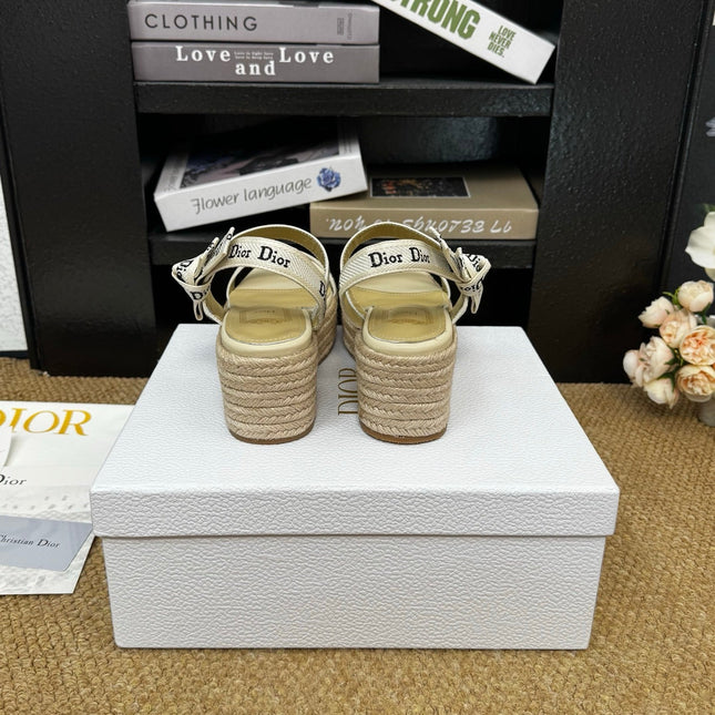 DIOR 26S ESPADRILLE WEDGE SANDAL IN BEIGE CANVAS AND CALFSKIN