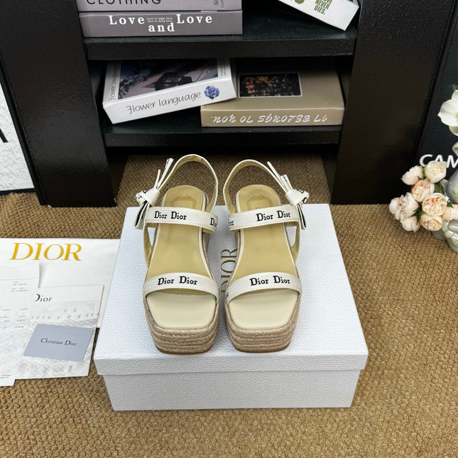 DIOR 26S ESPADRILLE WEDGE SANDAL IN BEIGE CANVAS AND CALFSKIN