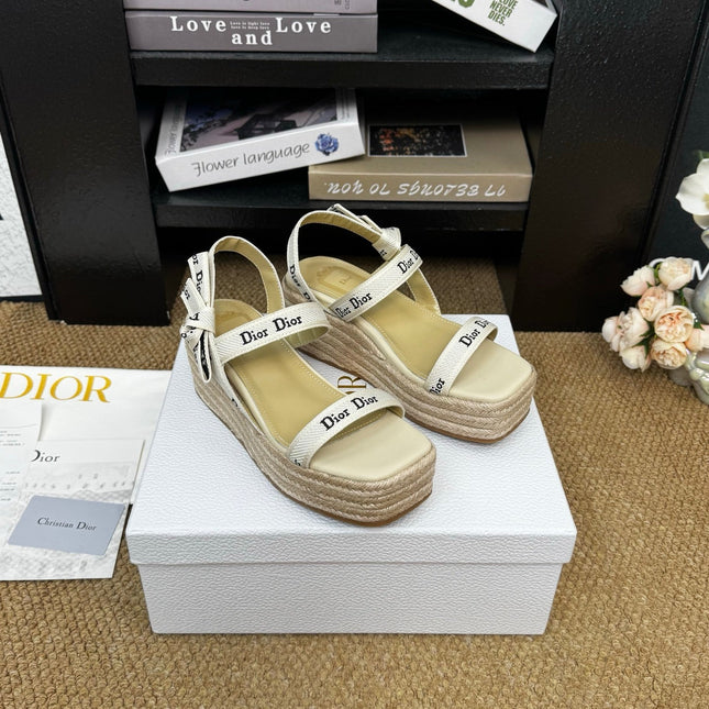 DIOR 26S ESPADRILLE WEDGE SANDAL IN BEIGE CANVAS AND CALFSKIN