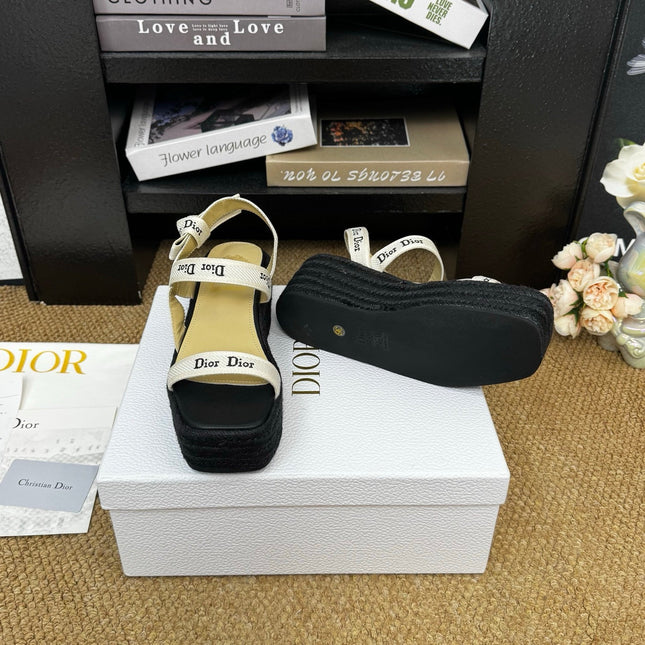 DIOR 26S ESPADRILLE WEDGE SANDAL IN BLACK CANVAS AND CALFSKIN