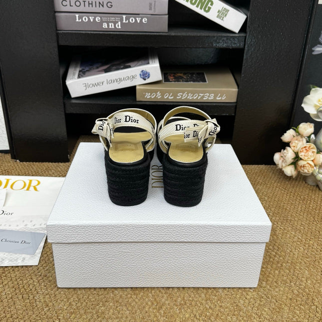 DIOR 26S ESPADRILLE WEDGE SANDAL IN BLACK CANVAS AND CALFSKIN