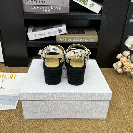 DIOR 26S ESPADRILLE WEDGE SANDAL IN BLACK CANVAS AND CALFSKIN