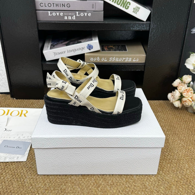 DIOR 26S ESPADRILLE WEDGE SANDAL IN BLACK CANVAS AND CALFSKIN