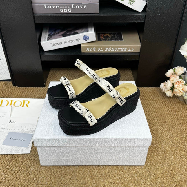 DIOR 26S WEDGE SANDAL IN BLACK CANVAS AND CALFSKIN