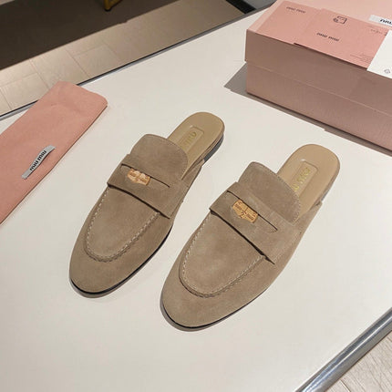 MULES SLIPPERS KHAKI COLOR SUEDE WITH GOLD COIN
