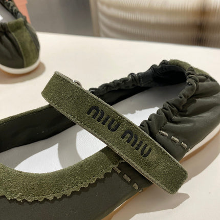 MIUMIU 26S RUCHES NAPPA BALLERINAS IN ARMY GREEN SUEDE AND FABRIC