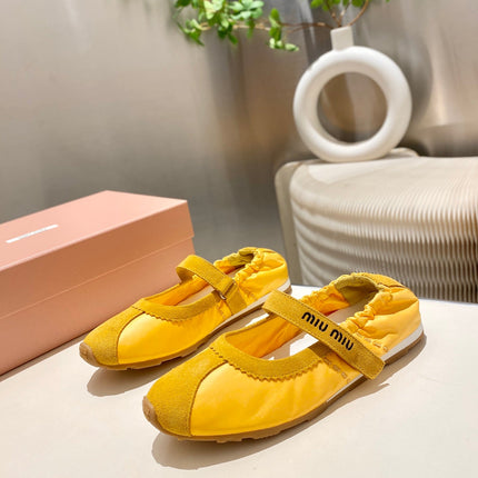MIUMIU 26S RUCHES NAPPA BALLERINAS IN YELLOW SUEDE AND FABRIC