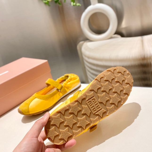 MIUMIU 26S RUCHES NAPPA BALLERINAS IN YELLOW SUEDE AND FABRIC