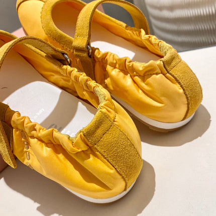 MIUMIU 26S RUCHES NAPPA BALLERINAS IN YELLOW SUEDE AND FABRIC