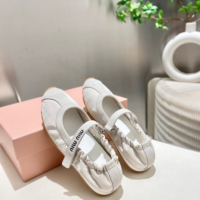 MIUMIU 26S RUCHES NAPPA BALLERINAS IN CREAM WHITE SUEDE AND FABRIC
