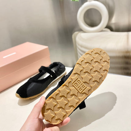 MIUMIU 26S RUCHES NAPPA BALLERINAS IN BLACK SUEDE AND FABRIC