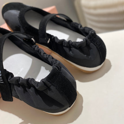 MIUMIU 26S RUCHES NAPPA BALLERINAS IN BLACK SUEDE AND FABRIC