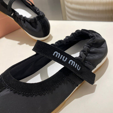 MIUMIU 26S RUCHES NAPPA BALLERINAS IN BLACK SUEDE AND FABRIC