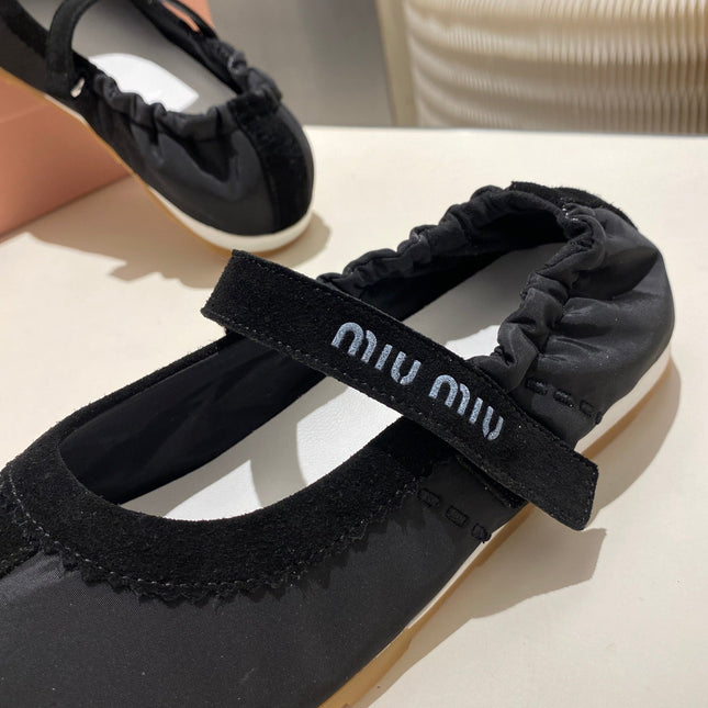 MIUMIU 26S RUCHES NAPPA BALLERINAS IN BLACK SUEDE AND FABRIC