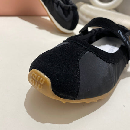 MIUMIU 26S RUCHES NAPPA BALLERINAS IN BLACK SUEDE AND FABRIC