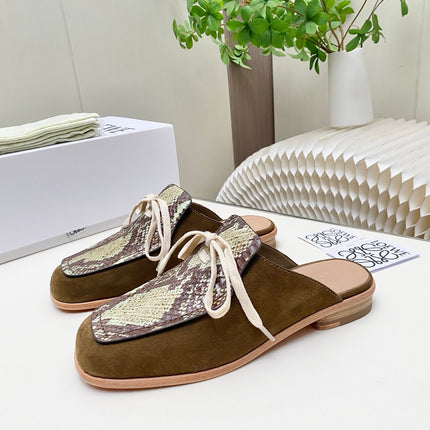 LOEWE 26S FLAT MULES IN SNAKESKIN-EMBOSSED CALFSKIN AND BROWN SUEDE