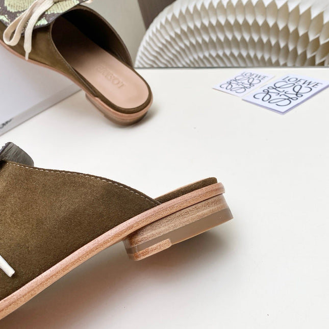 LOEWE 26S FLAT MULES IN SNAKESKIN-EMBOSSED CALFSKIN AND BROWN SUEDE