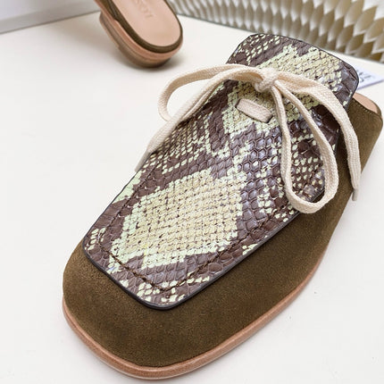 LOEWE 26S FLAT MULES IN SNAKESKIN-EMBOSSED CALFSKIN AND BROWN SUEDE