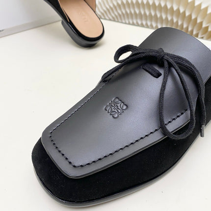 LOEWE 26S FLAT MULES IN BLACK CALFSKIN AND SUEDE